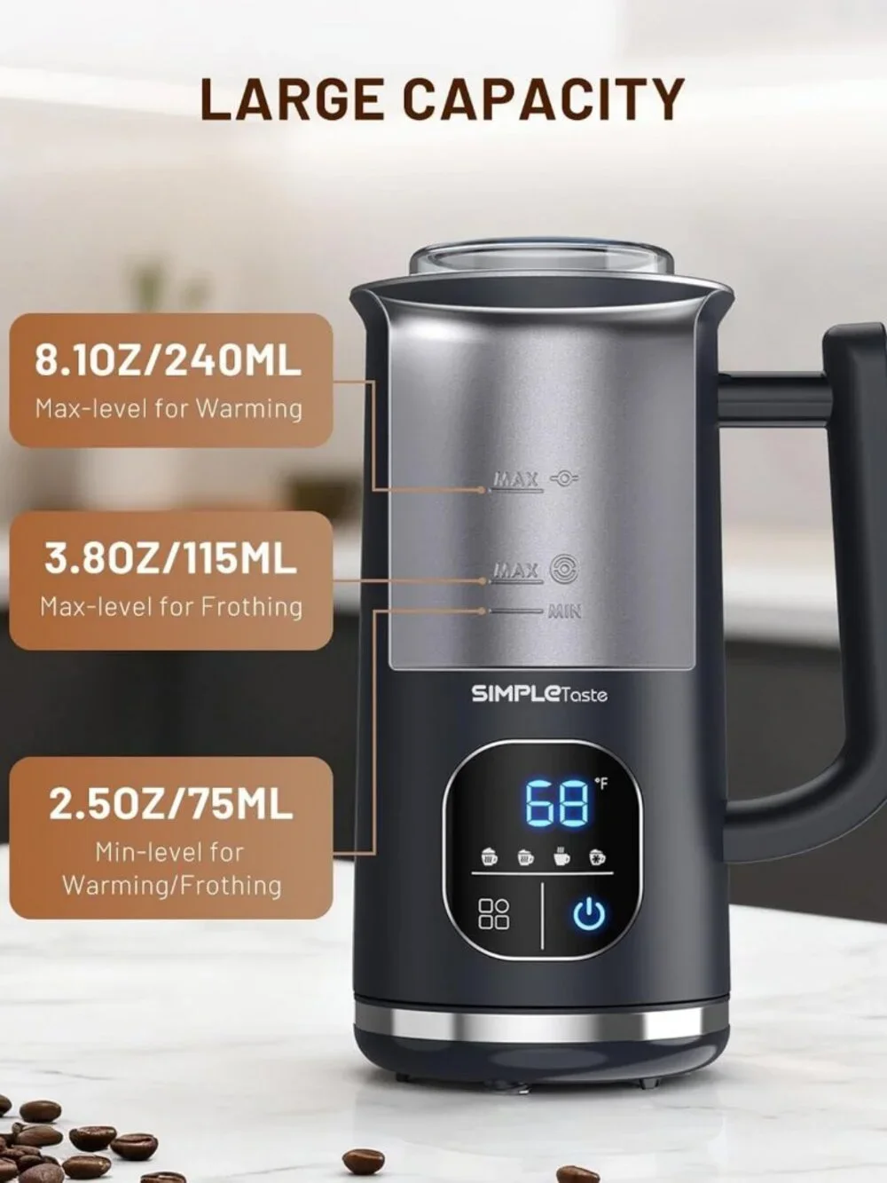 4-in-1 Electric Milk Frother & Steamer - LED Touch Screen, Warm & Cold Foam